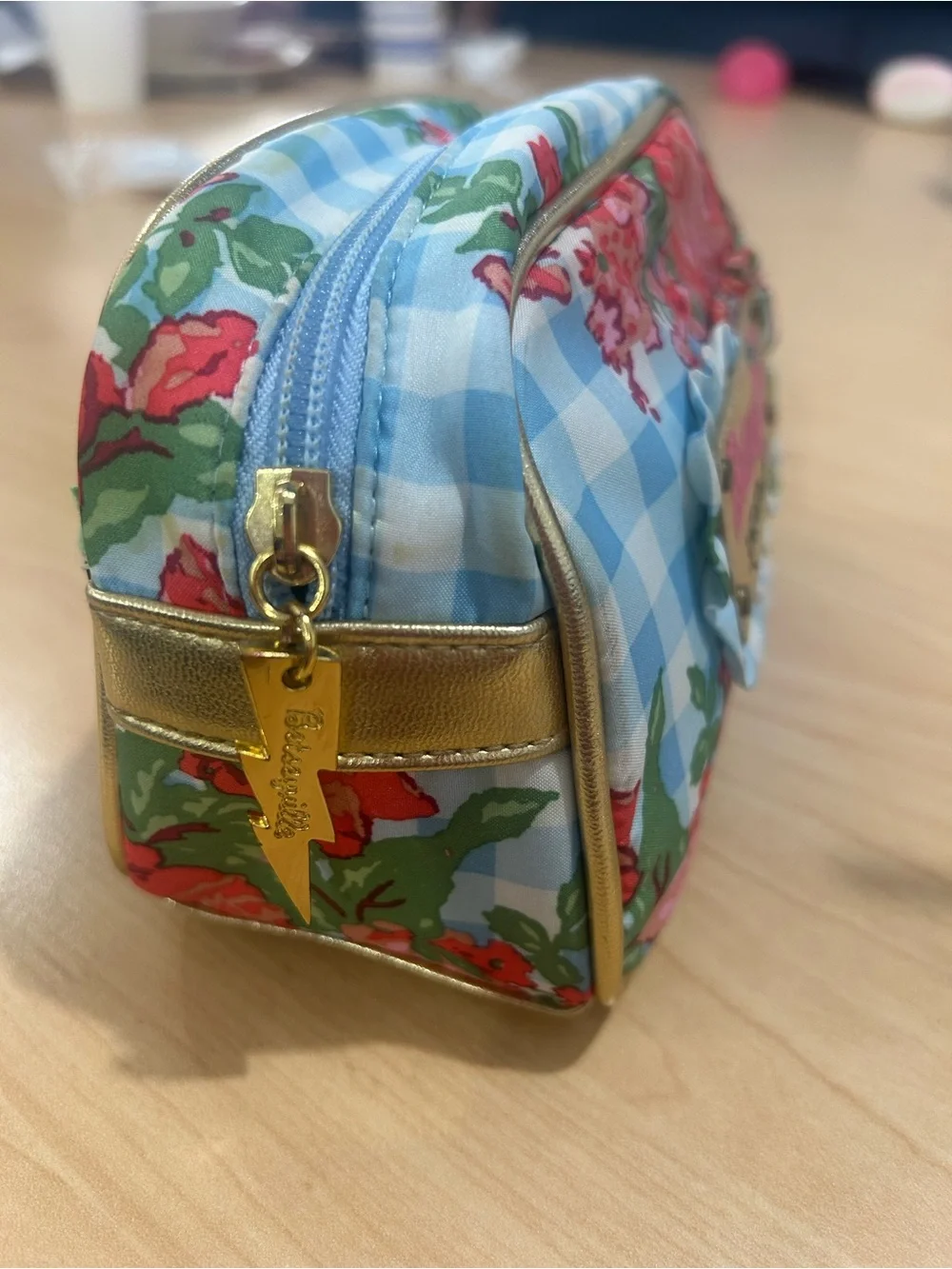 Vintage Betseyville small Floral Gingham Cosmetic Bag - Blue & Pink